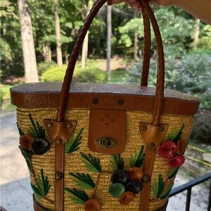 Patricia Nash Brown Floral Straw Tote